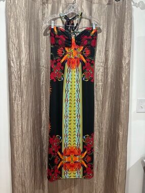 Shoreline Black Maxi Dress with Vibrant Red and Orange Tropical Print Sz L/xl